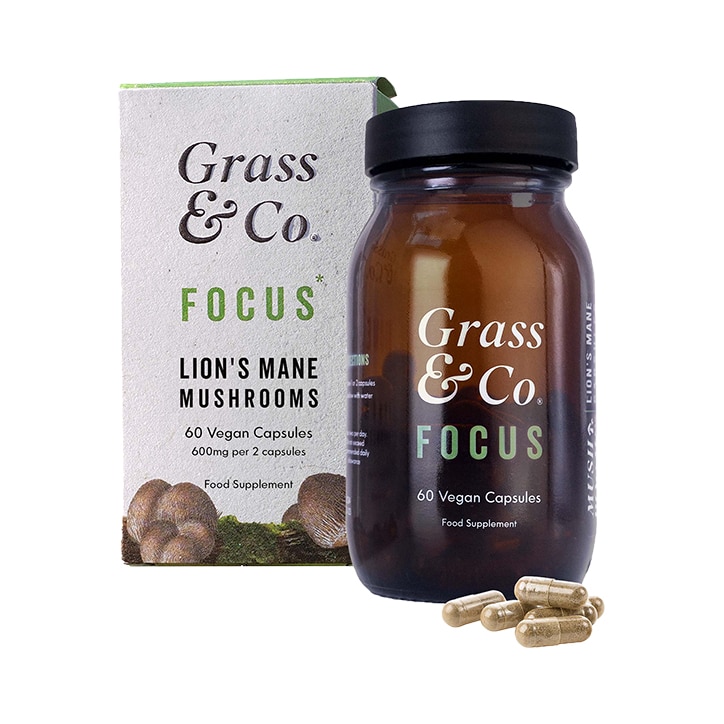 Grass Co. FOCUS Lion s Mane Mushrooms with Ginseng Omega 3 60 Vegan Capsules